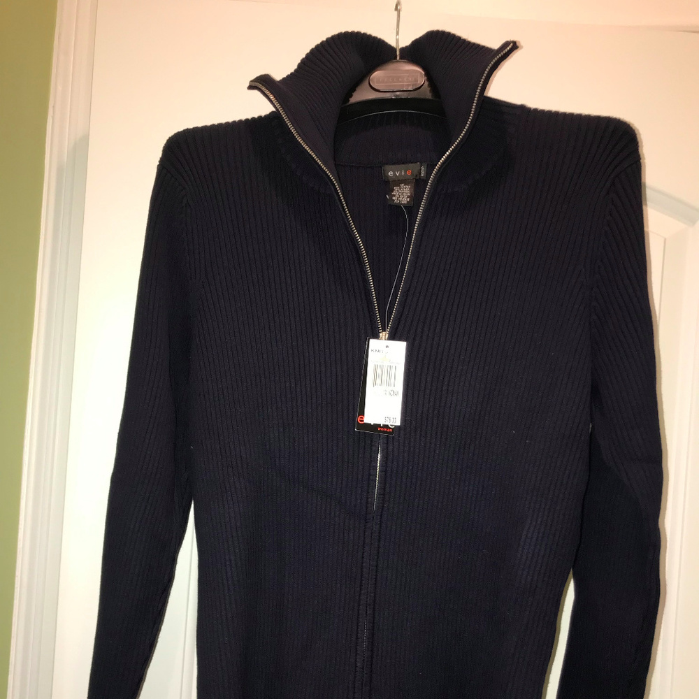 Navy zip front ribbed sweater -- Evie